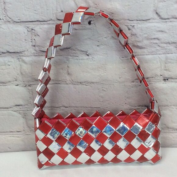 Woven Recycled Soap Wrapper Purse Boho Retro Hand Bag Wearable Art Zip Closure - Picture 3 of 7